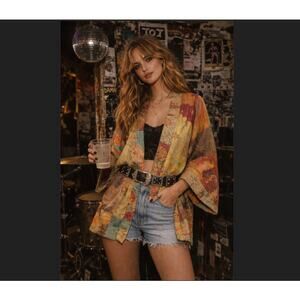 Whimsy Boho Patchwork Kimono Open Front Jacket M/L Orange Blue Festival Top